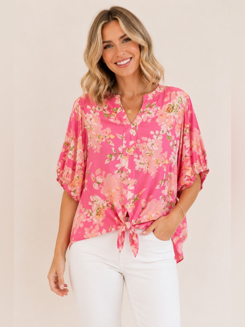 EMILY DANIELS Floral Tie Front Blouse Pink Rayon XL NWT